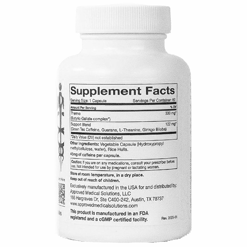 Approved Medical Solutions Thermo for enhanced metabolism, ingredient label, regulating blood sugar, and reducing cravings