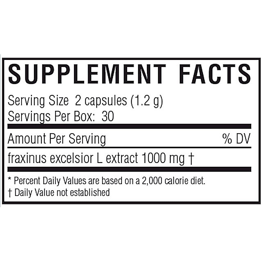 Supplement facts label for fraxinus excelsior L extract capsules on a white background