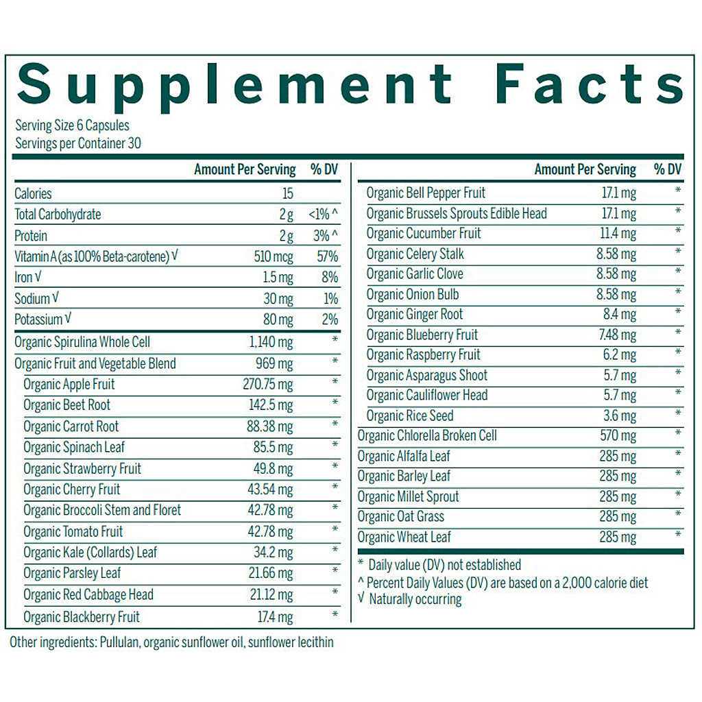 Supplement facts label with detailed nutritional information on a white background