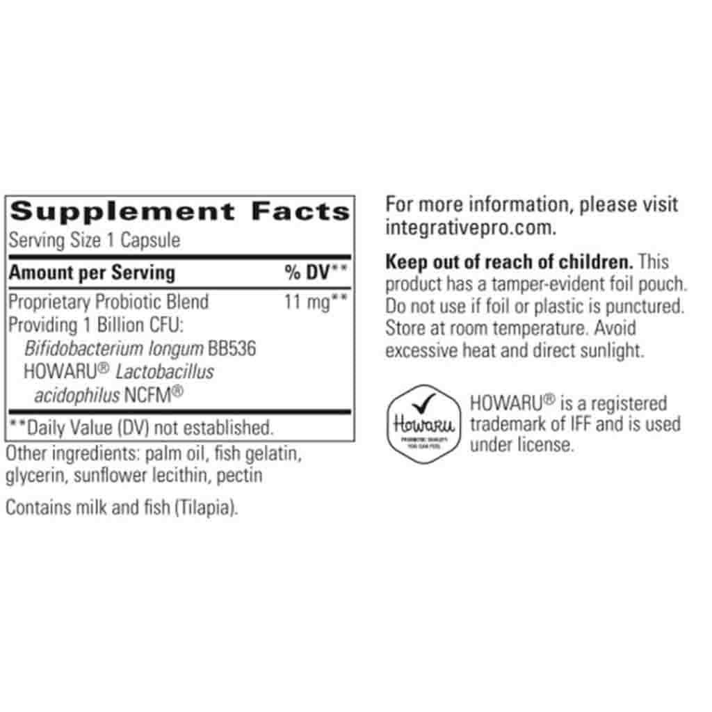 A close-up of a supplement facts label on a white background, showing the HOWaru brand logo and product information for a probiotic blend.