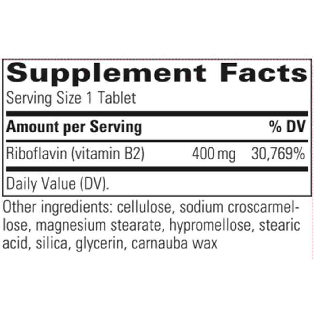 A close-up of a supplement facts label showing riboflavin (vitamin B2) content of 400 mg, 30.769% DV, with other ingredients listed below on a white background.