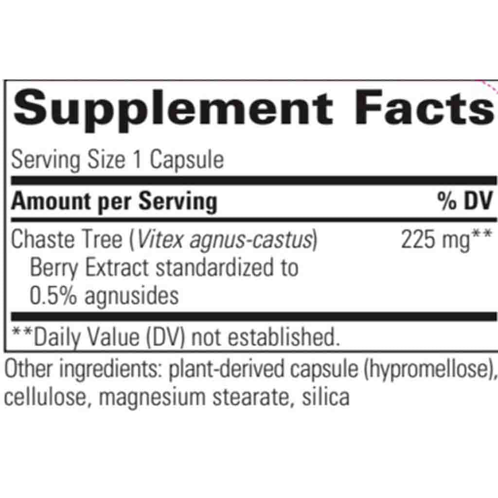 A close-up of a supplement facts label showing Chaste Tree (Vitex agnus-castus) 225 mg and Berry Extract standardized to 0.5% agnusides, with other ingredients listed below on a white background.