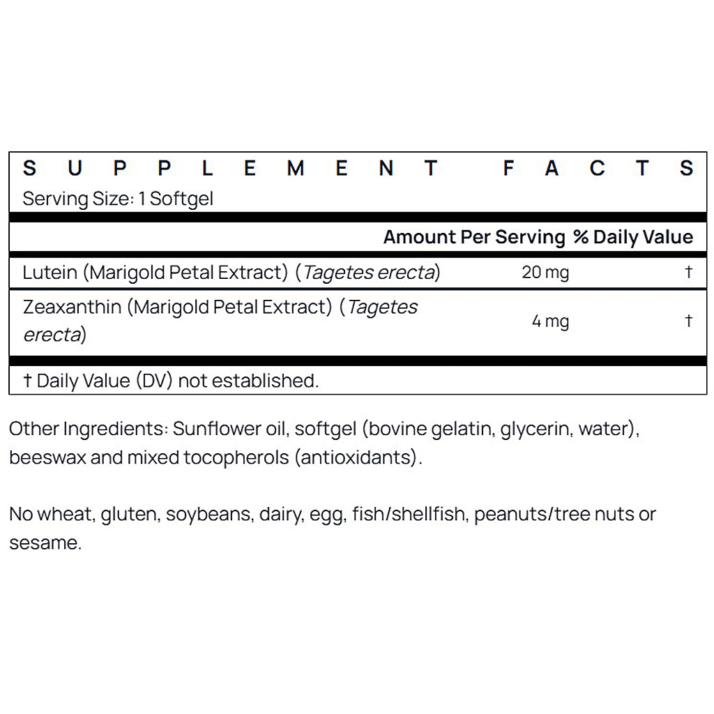 Supplement facts label for a product with Lutein and Zeaxanthin on a white background