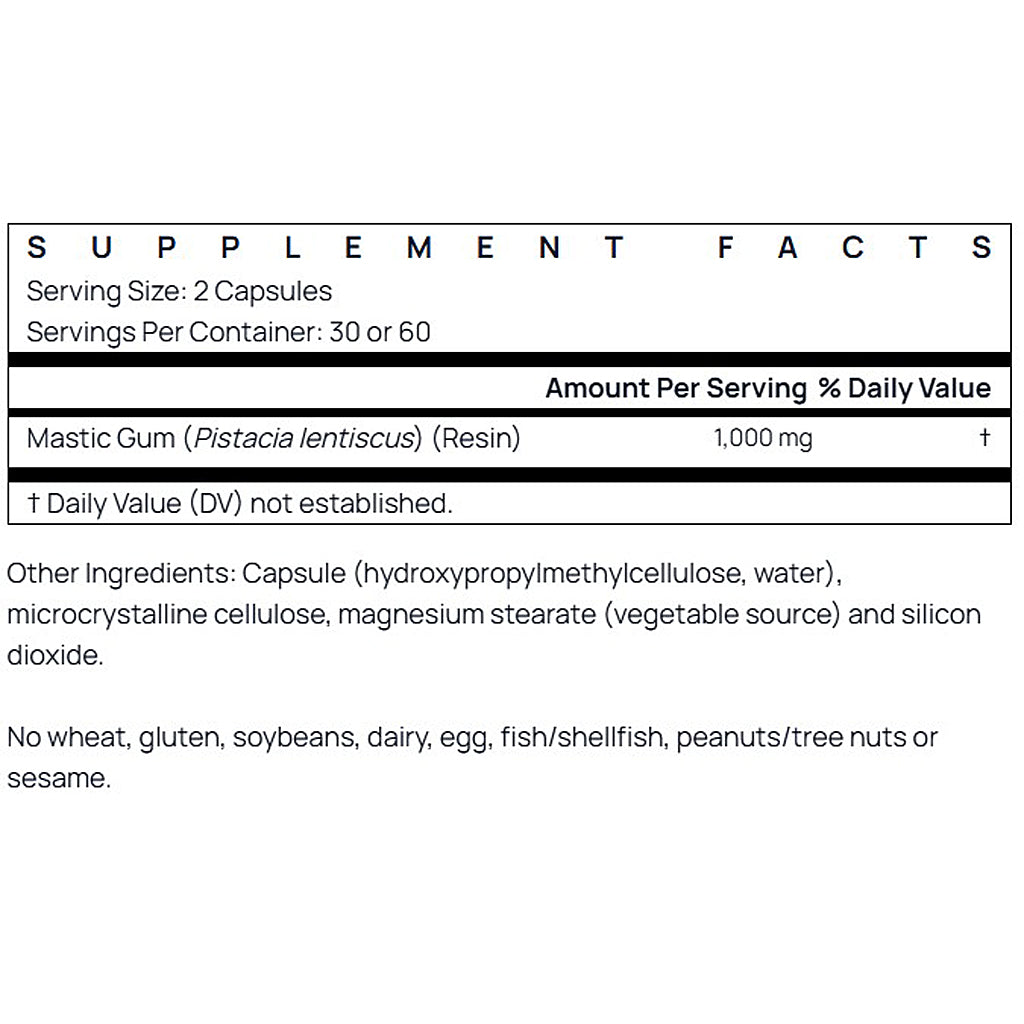 Supplement facts label for Mastic Gum capsules on a white background