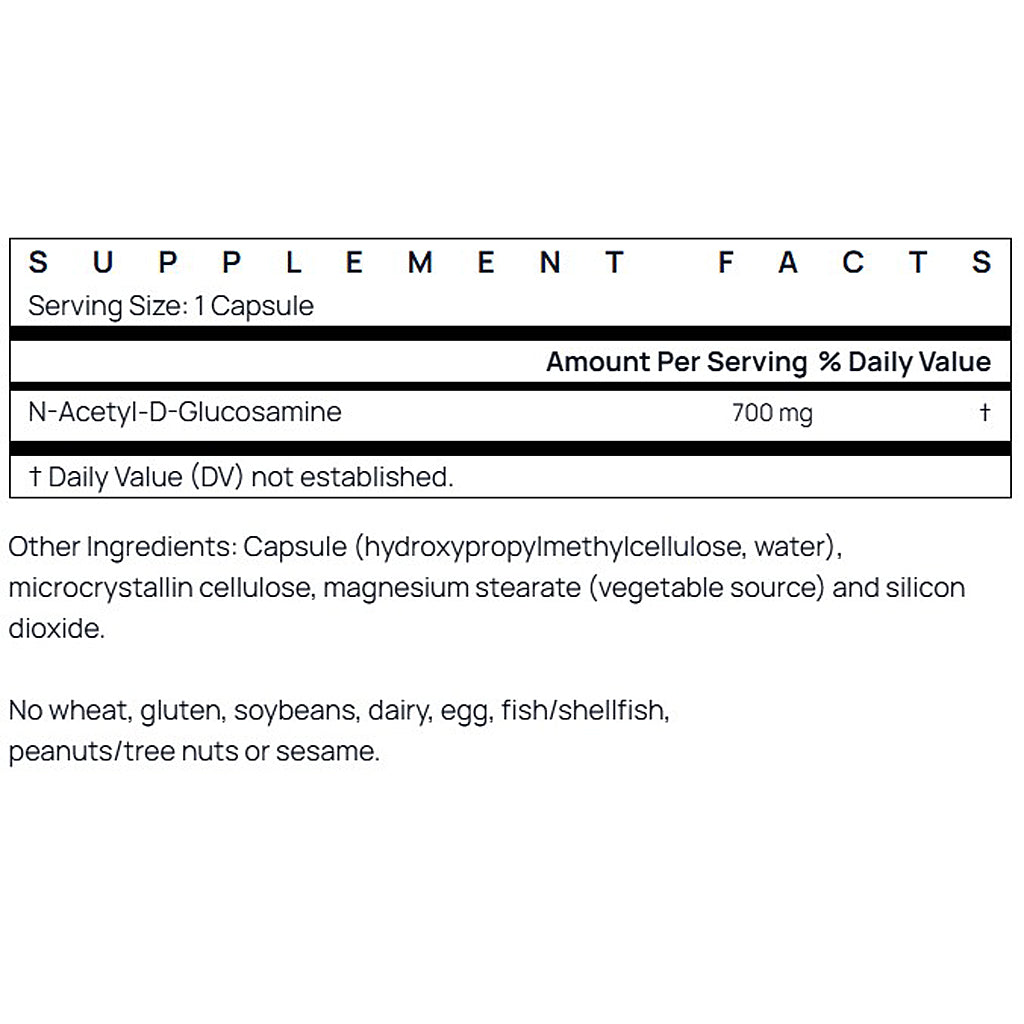 Supplement facts label for N-Acetyl-D-Glucosamine with serving size and ingredient list.