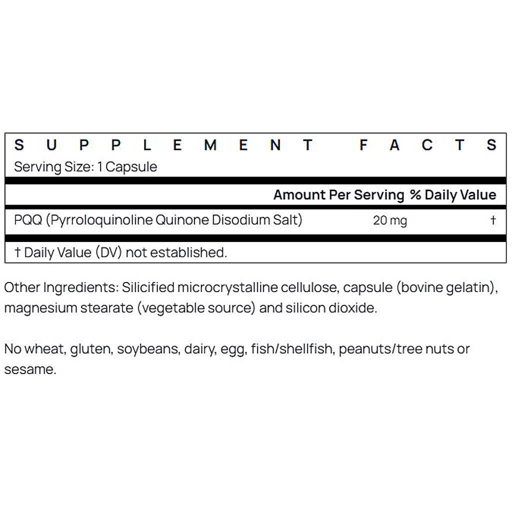 Supplement facts label for a product with Pyroquinoline Quinone Disodium Salt on a white background