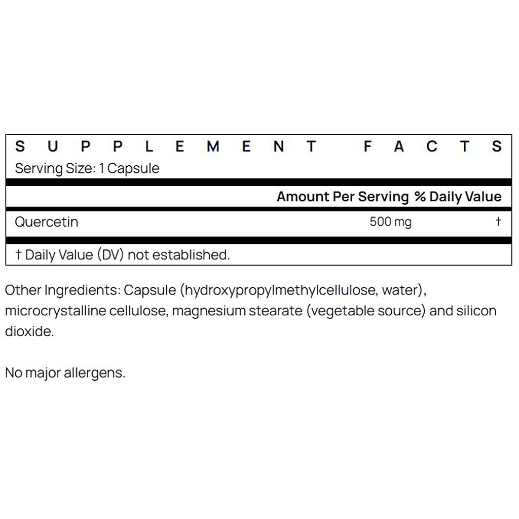 Supplement facts label for a product with 500 mg of Quercetin per serving.