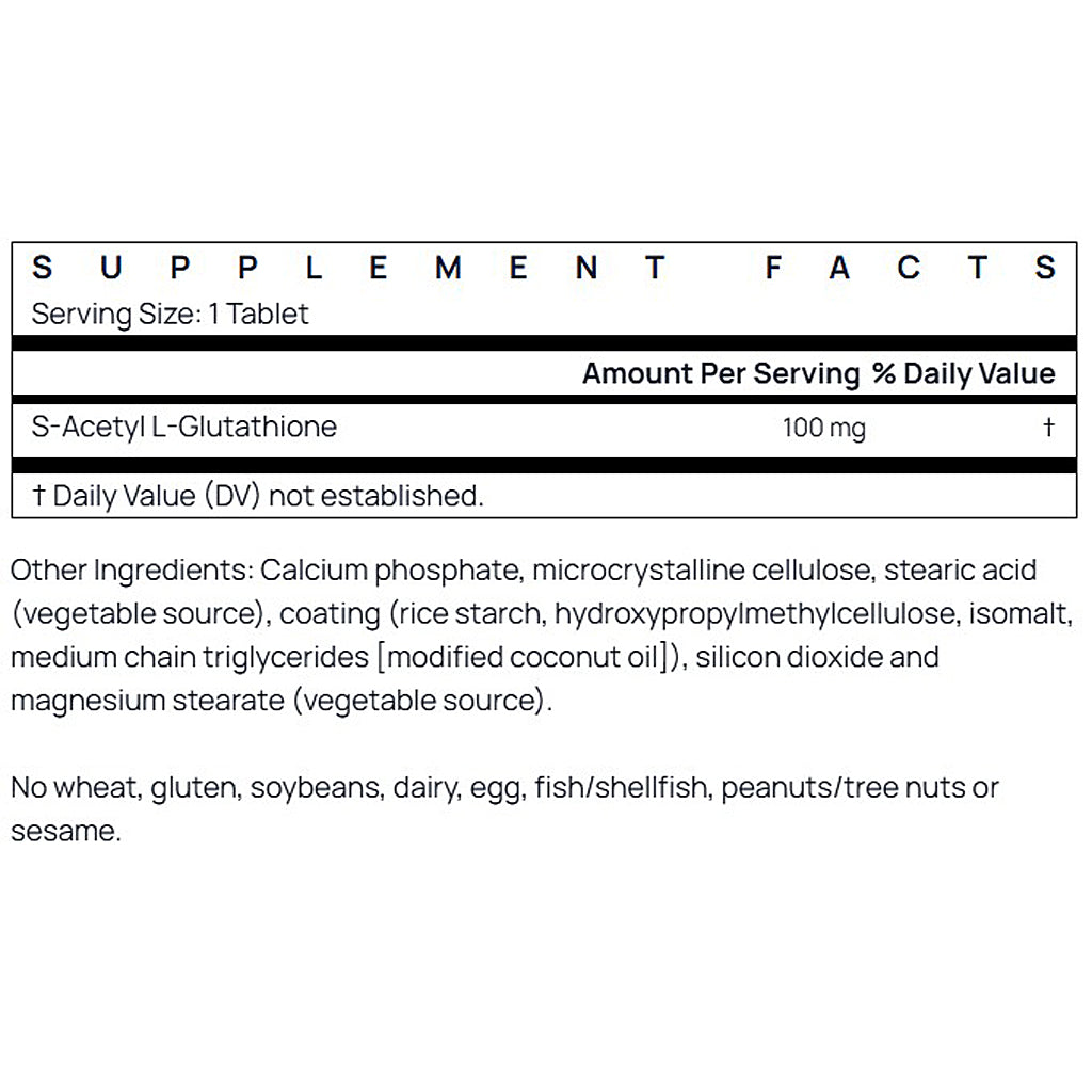 Supplement facts label for S-Acetyl L-Glutathione tablet with serving size, amount per serving, and ingredient list.