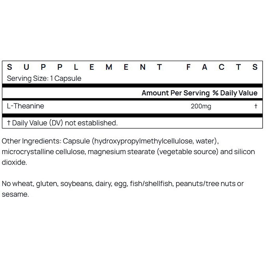 Supplement facts label for a product containing L-Theanine with serving size and ingredient information.