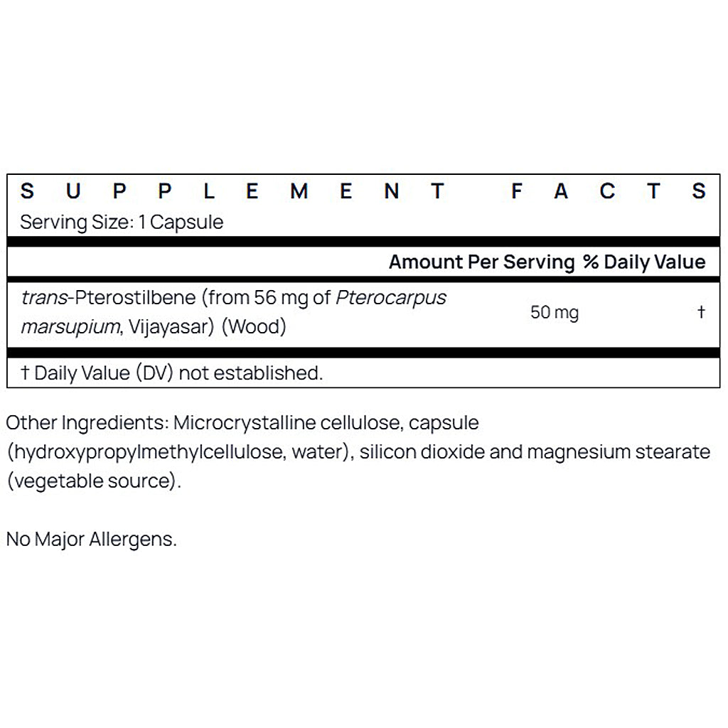 Supplement facts label with trans-Pterostilbene content on a white background