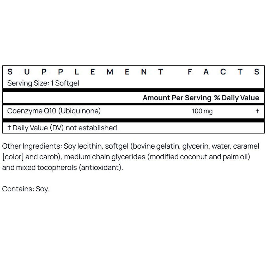 Supplement facts label for Coenzyme Q10 with serving size and ingredient list.