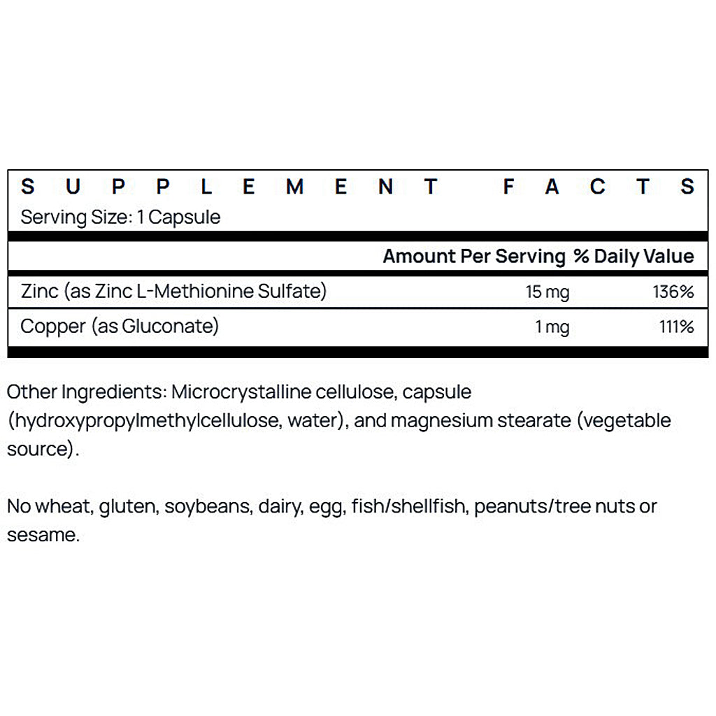 Supplement facts label with zinc and copper content on a white background