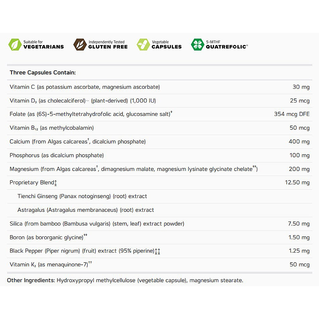 Nutritional supplement label with detailed ingredient list and claims on a white background