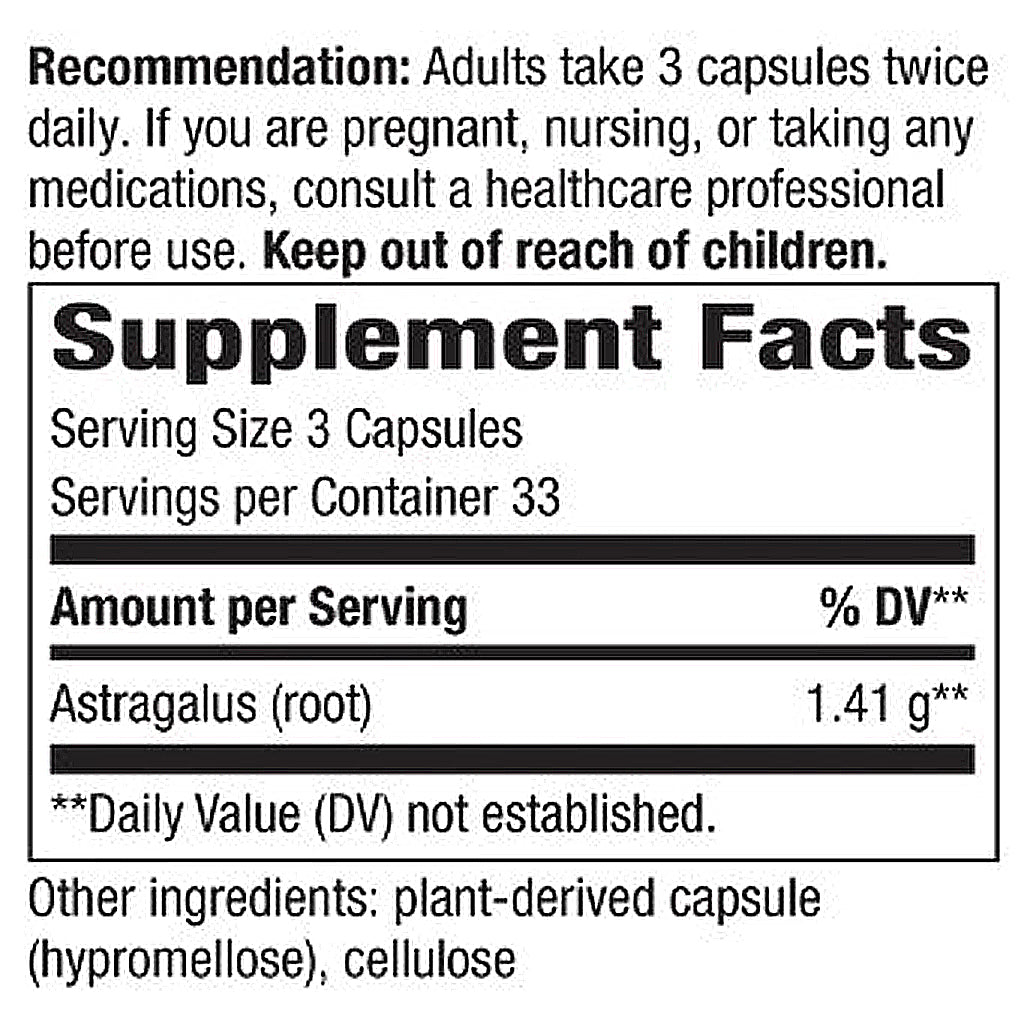 Supplement label with Astragalus (root) content and usage instructions.