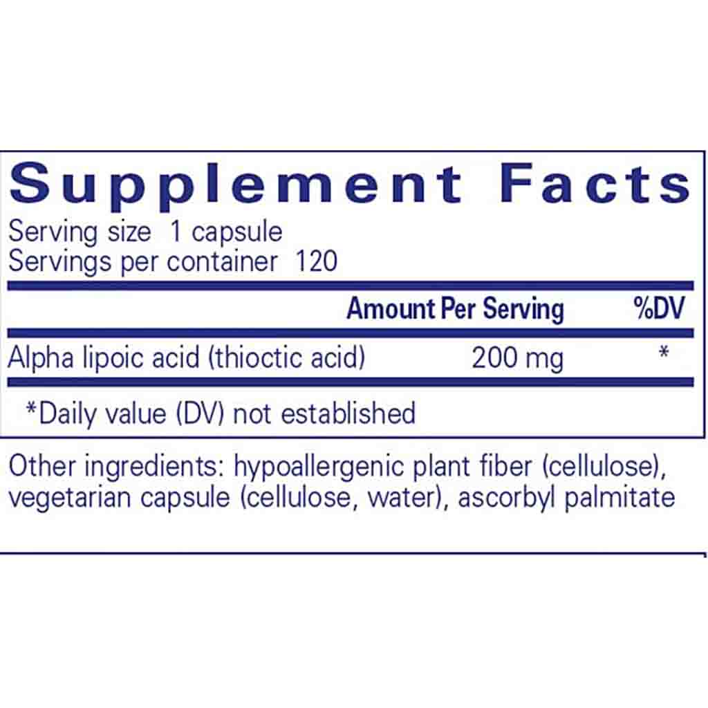 Supplement facts label with alpha lipoic acid content on a white background