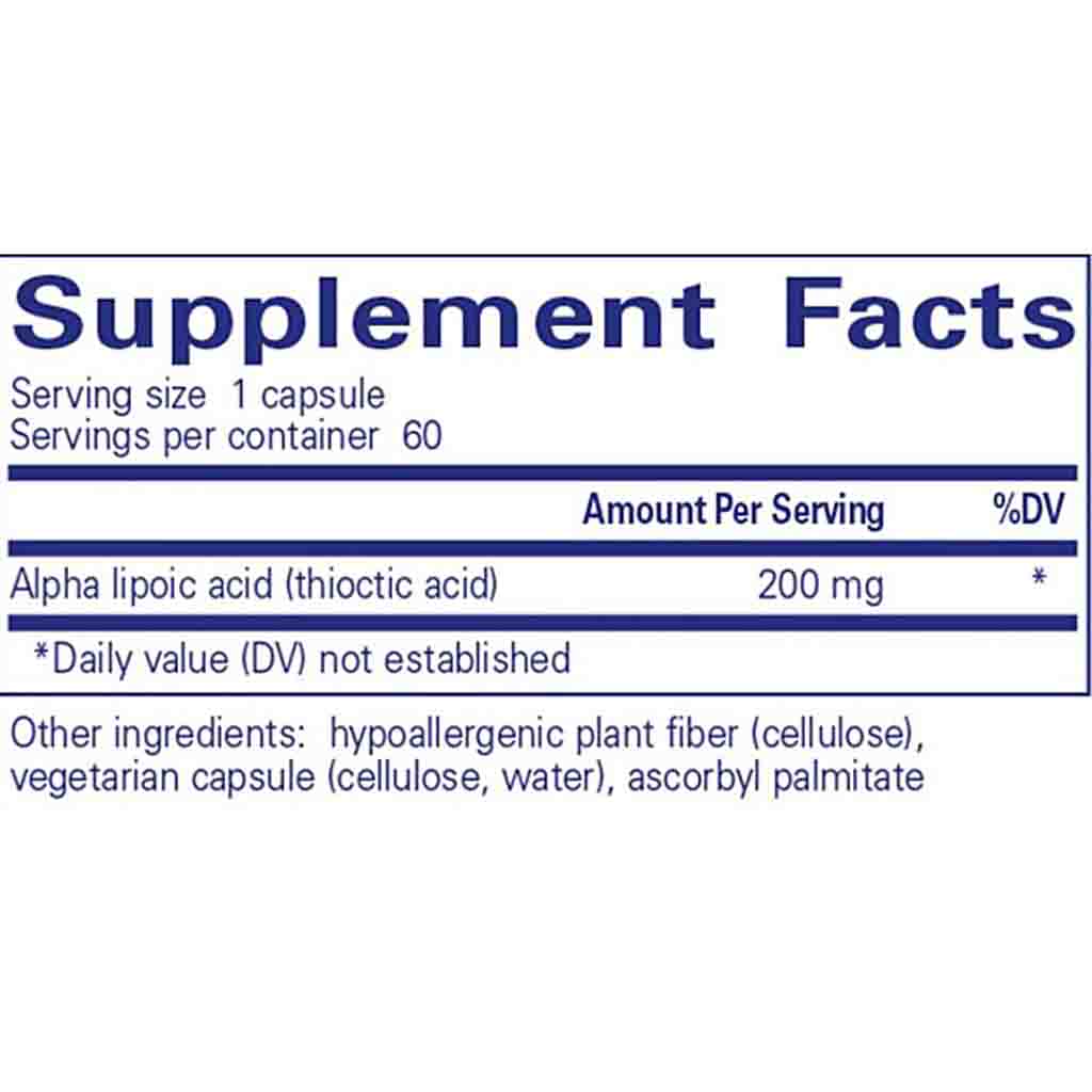Supplement facts label with alpha lipoic acid content on a white background