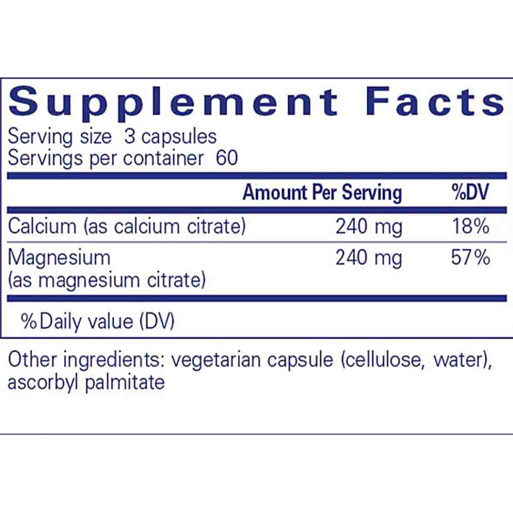 Supplement facts label with calcium and magnesium content on a white background