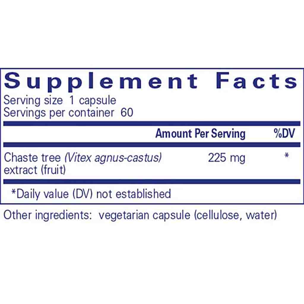 Supplement facts label for chaste tree extract capsules on a white background