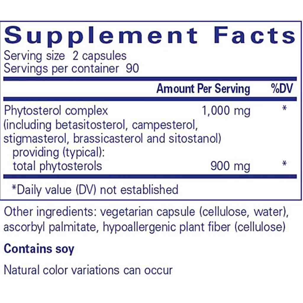 Supplement facts label with phytosterol complex details on a white background