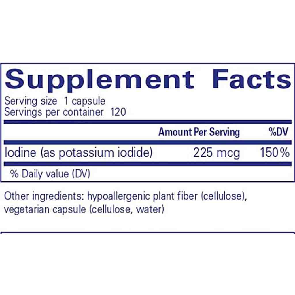 Supplement facts label with iodine content and other ingredients on a white background
