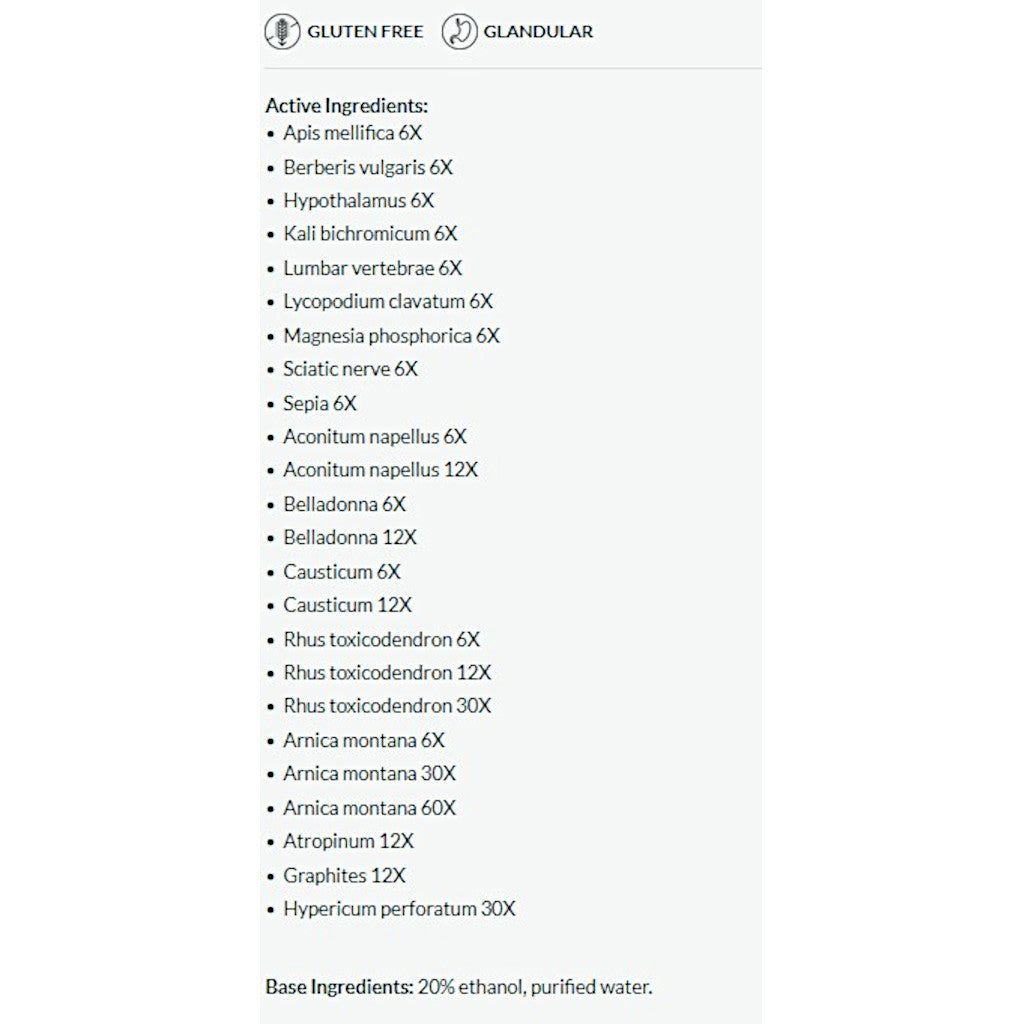 List of active ingredients on a white background with 'Gluten Free' and 'Glandular' labels.
