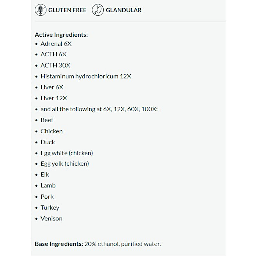 List of active ingredients on a white background with 'Gluten Free' and 'Glandular' labels at the top.