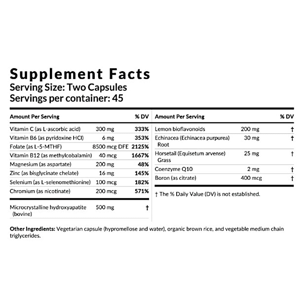 Supplement facts label with detailed nutritional information on a white background