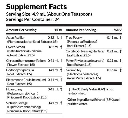 Supplement facts label with various plant extracts and their amounts per serving.