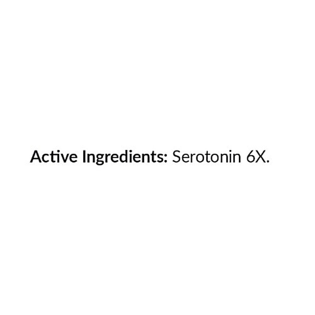 Text indicating 'Active Ingredients: Serotonin 6X.' on a white background