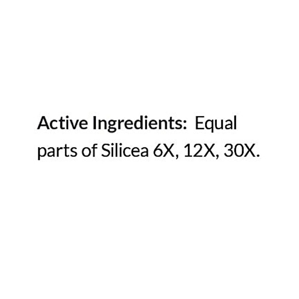 Text indicating equal parts of Silicea 6X, 12X, 30X on a white background