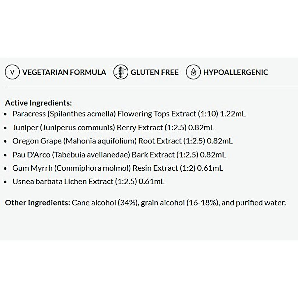 List of active ingredients and product features on a white background