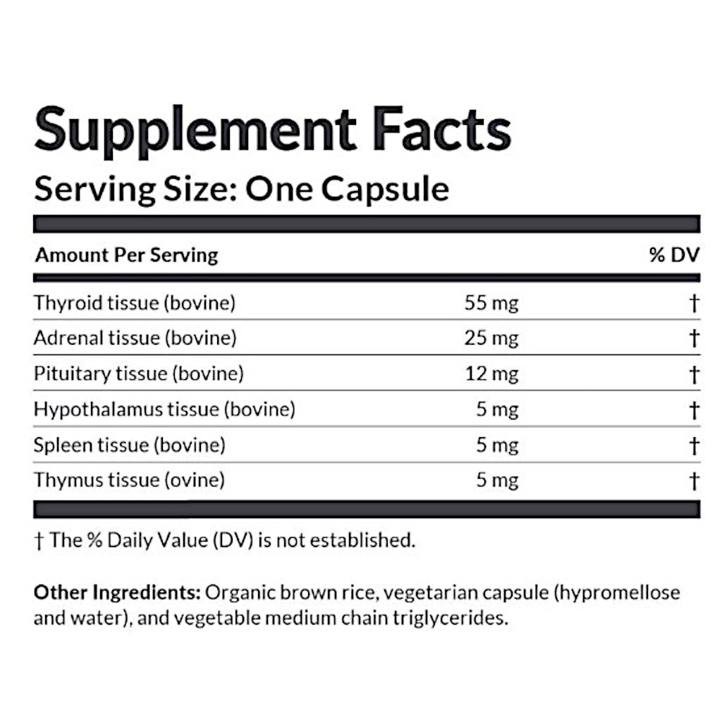 Supplement facts label with listed ingredients and their amounts per serving.