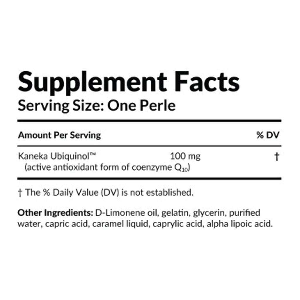 Supplement facts label with Kaneka Ubiquinol and other ingredients on a white background
