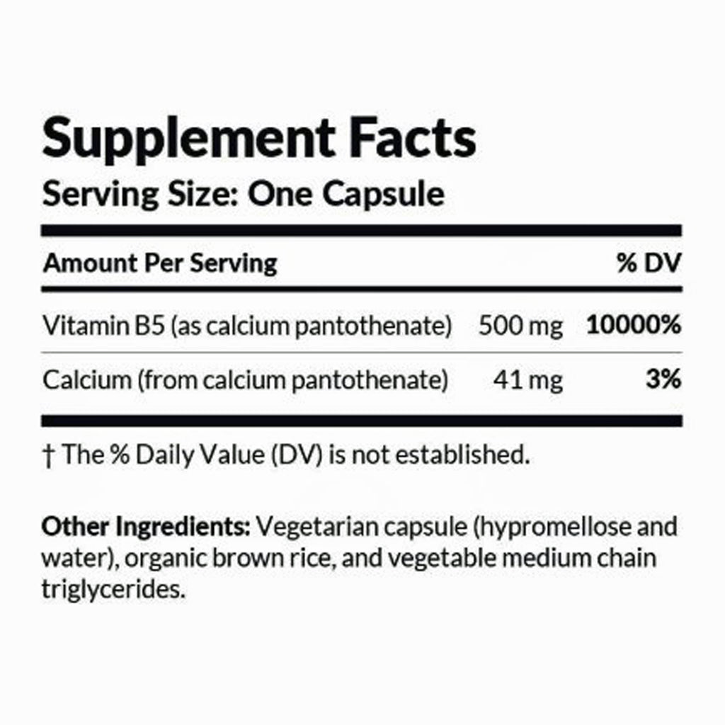 Supplement facts label for a product with Vitamin B5 and Calcium content.
