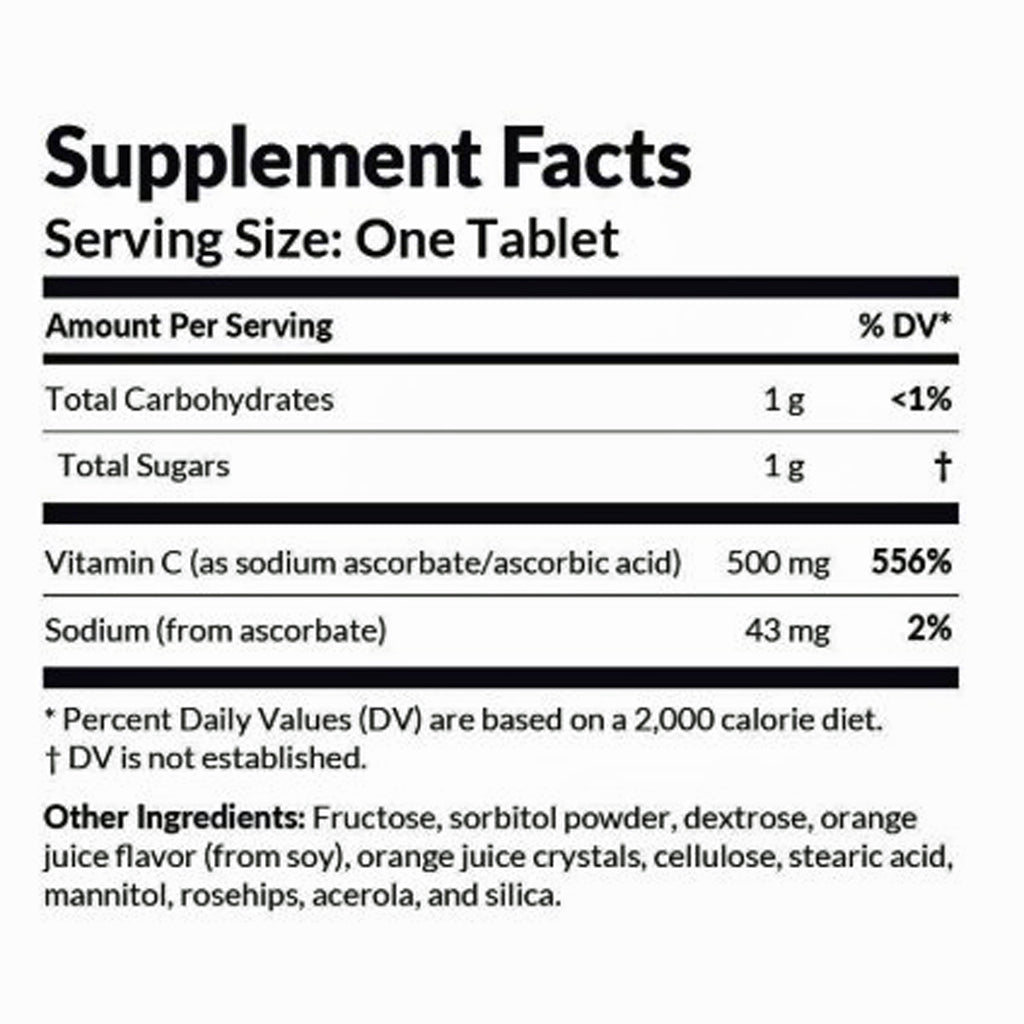 Supplement facts label for a tablet with nutritional information.