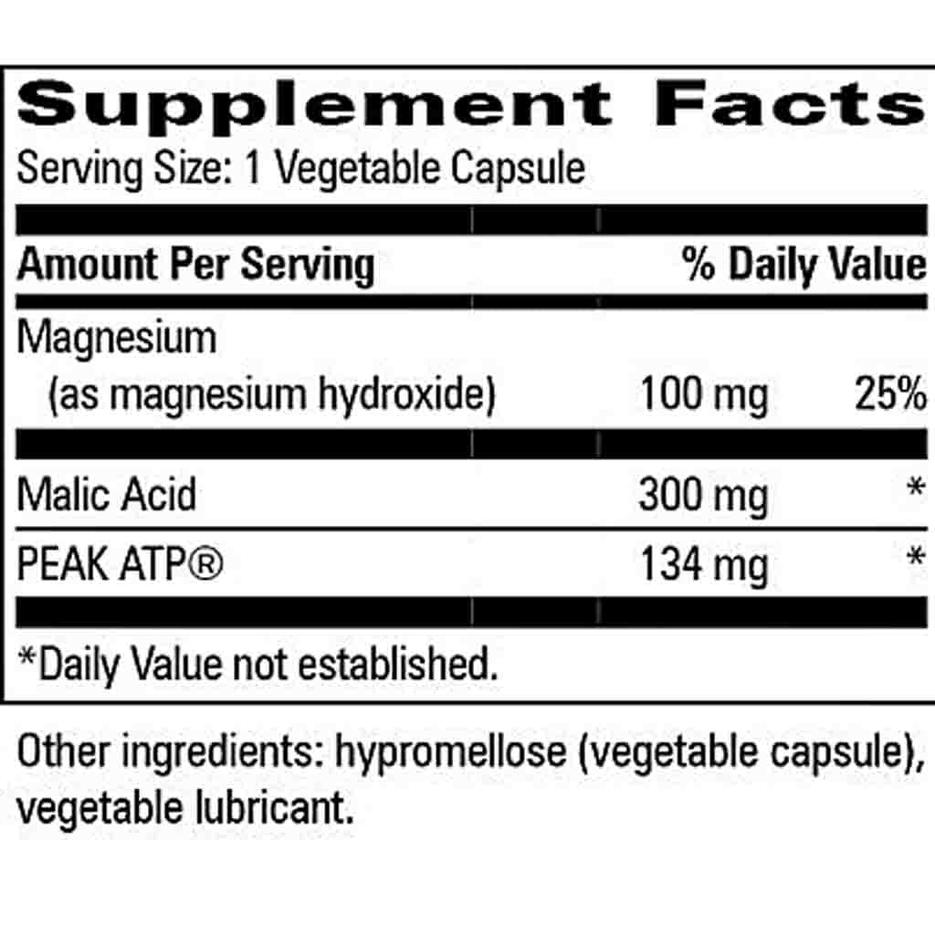 A close-up of a supplement facts label showing serving size 1 vegetable capsule and listed ingredients: magnesium 100 mg, malic acid 300 mg, and PEAK ATP® 134 mg.