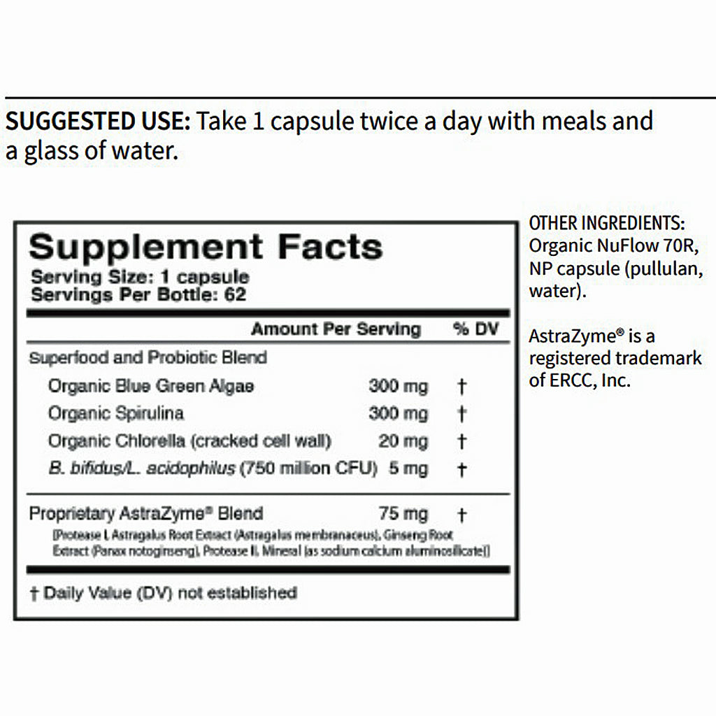 Supplement label with ingredients and suggested use on a white background
