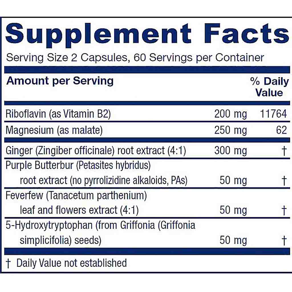 A close-up of a supplement facts label showing the ingredients list with riboflavin, magnesium, ginger, purple butterbur, feverfew, and 5-hydroxytryptophan, along with daily value percentages.