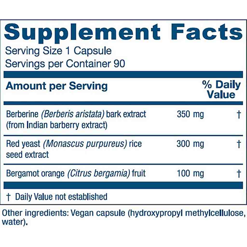 A close-up of a supplement facts label showing the ingredients list for a vegan capsule. The label lists Berberine (350 mg), Red yeast (300 mg), and Bergamot orange (100 mg) with daily value percentages, on a white background with blue text and headers.