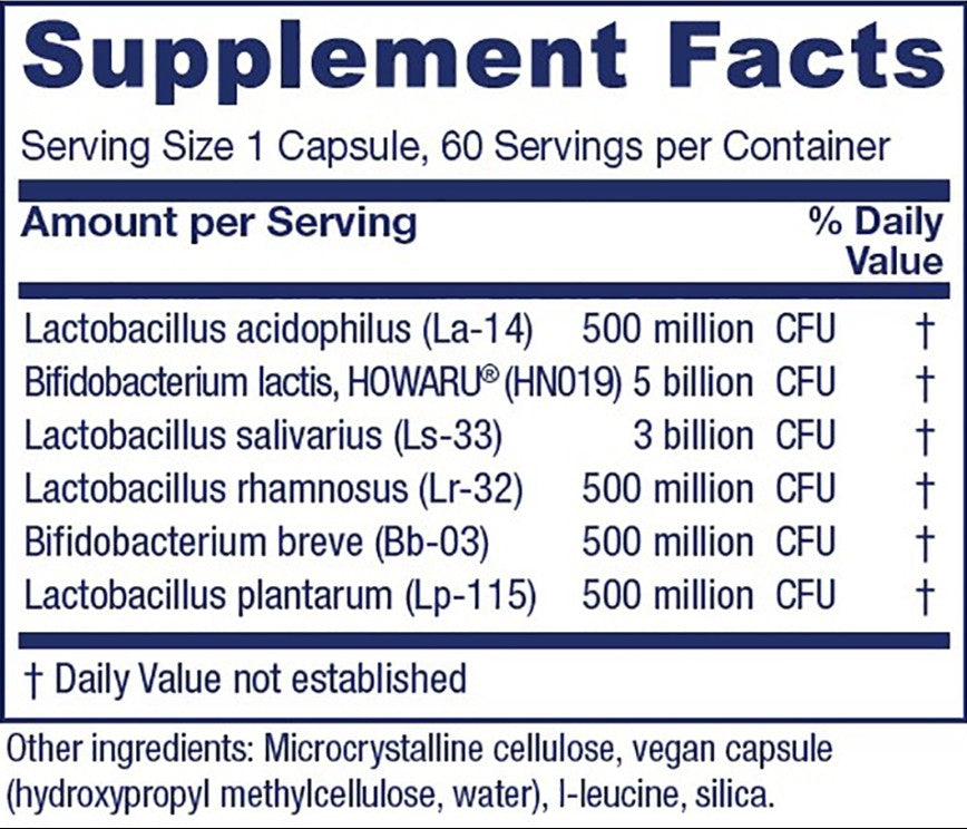 A close-up of a supplement facts label showing listed bacteria strains, serving size, daily value percentages, and other ingredients in small print.