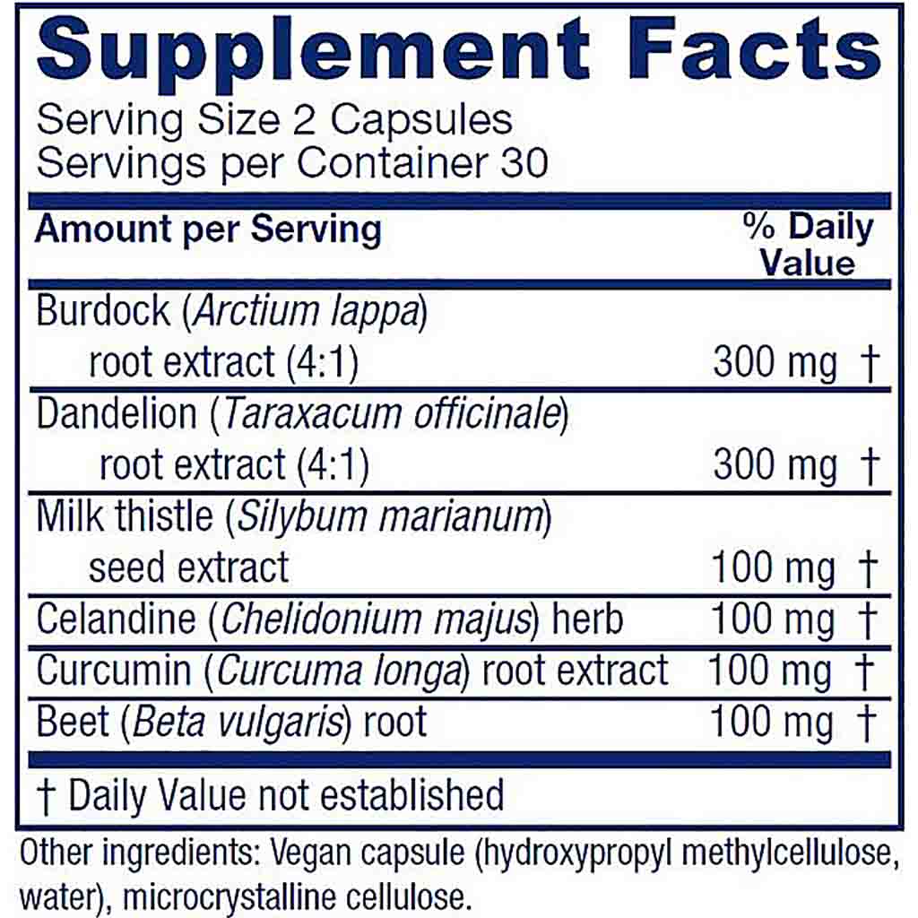 A close-up of a supplement facts label showing a list of ingredients and daily value information, including Burdock root extract, Dandelion root extract, Milk thistle seed extract, Celandine herb, Curcumin root extract, and Beet root extract.