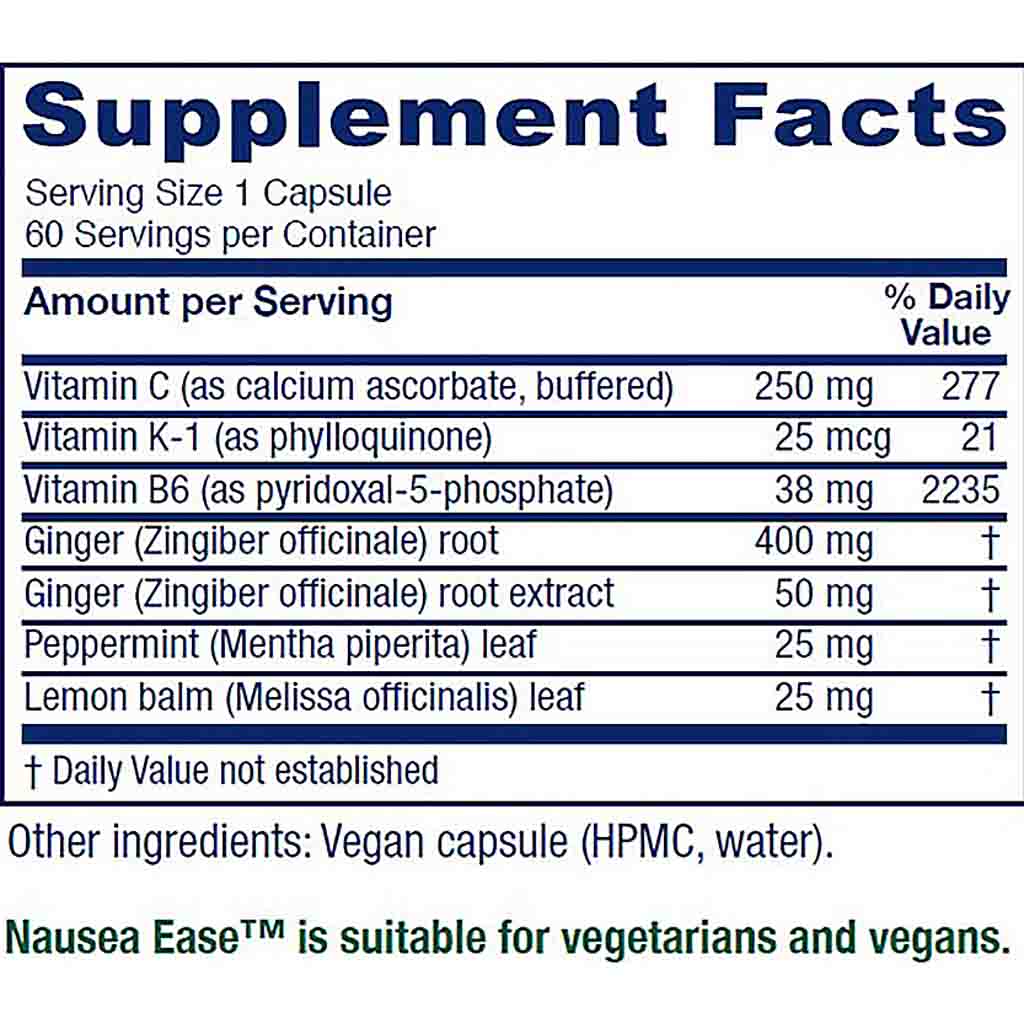 A close-up of a supplement facts label showing a supplement called Nausea Ease. The label lists ingredients and daily values for Vitamin C, Vitamin K-1, Vitamin B6, Ginger, and Lemon balm.