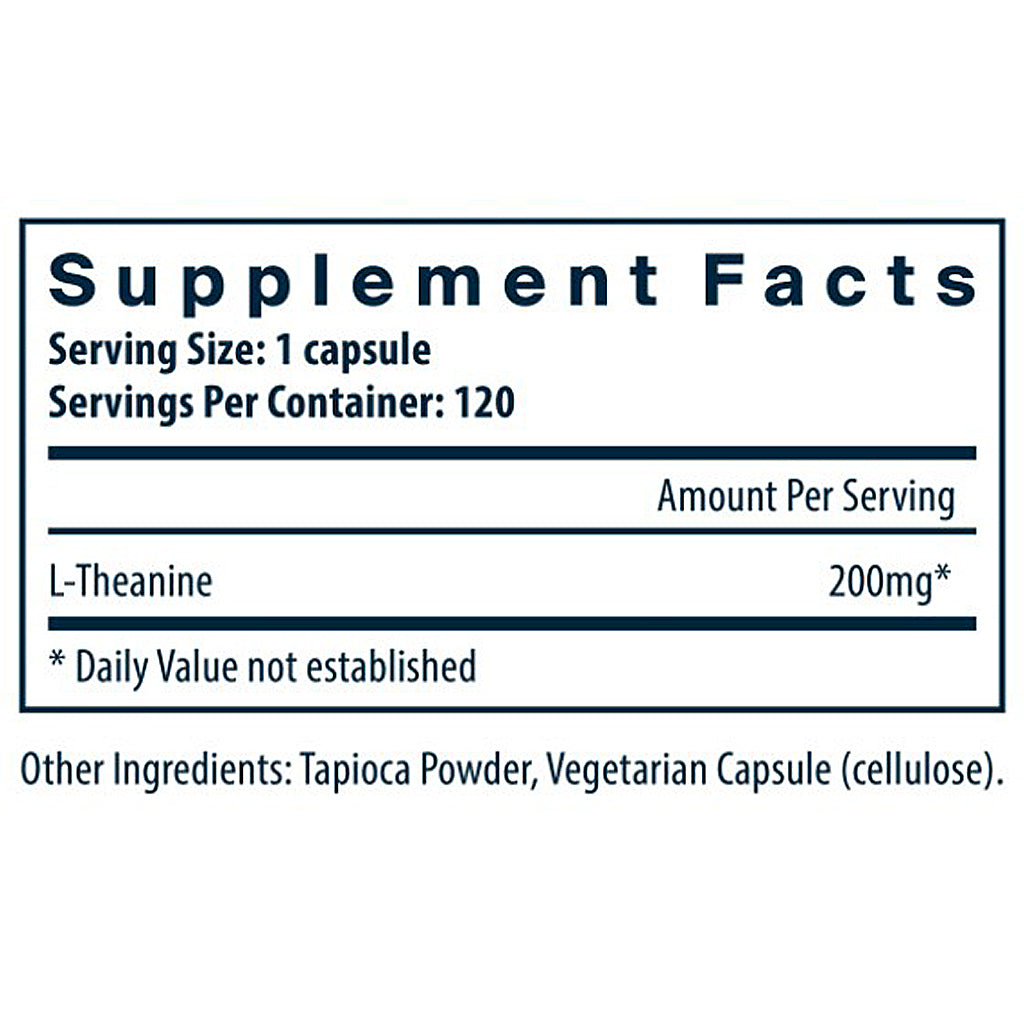 Supplement facts label with L-Theanine content on a white background