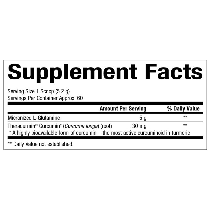 Supplement facts label with Micronized L-Glutamine and Theracurmin Curcumin on a white background