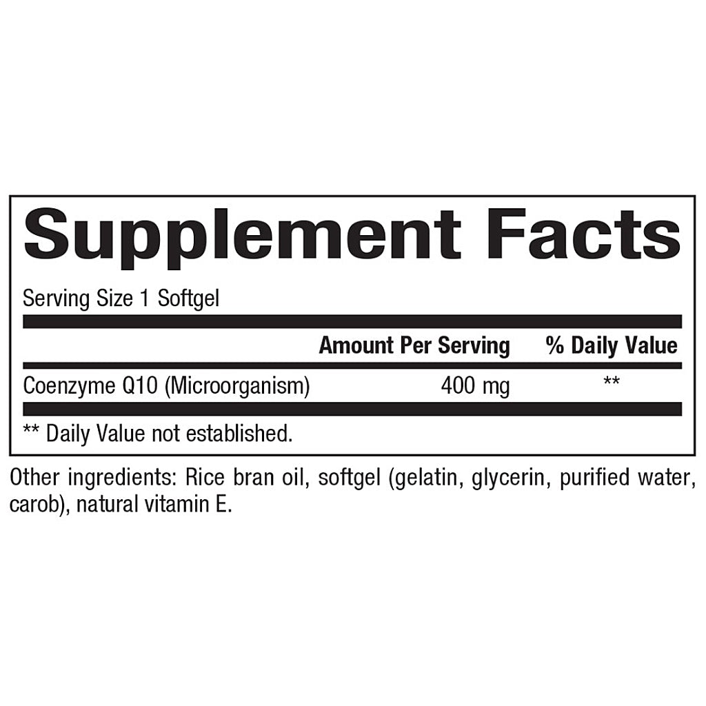 Supplement facts label for Coenzyme Q10 with serving size, amount per serving, and other ingredients listed.