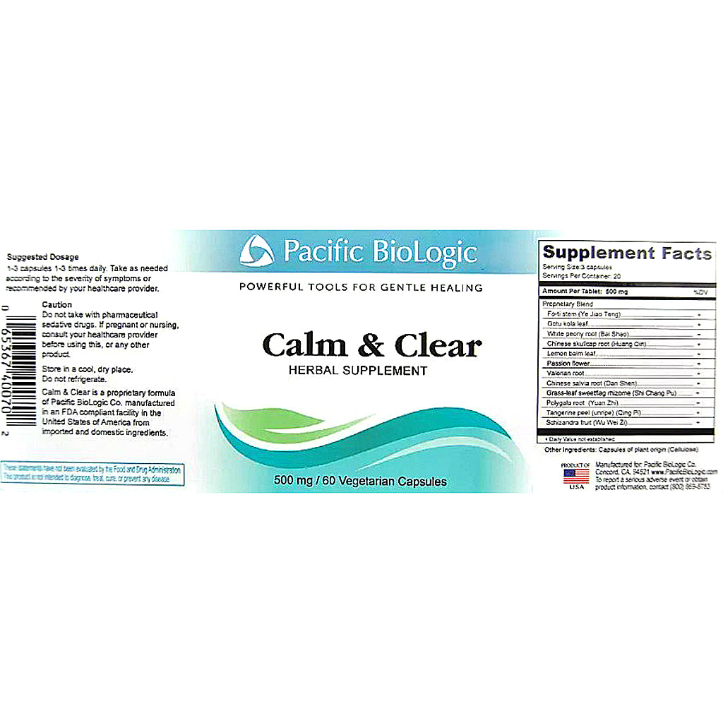 Label of Pacific Biologic Calm & Clear herbal supplement on a white background