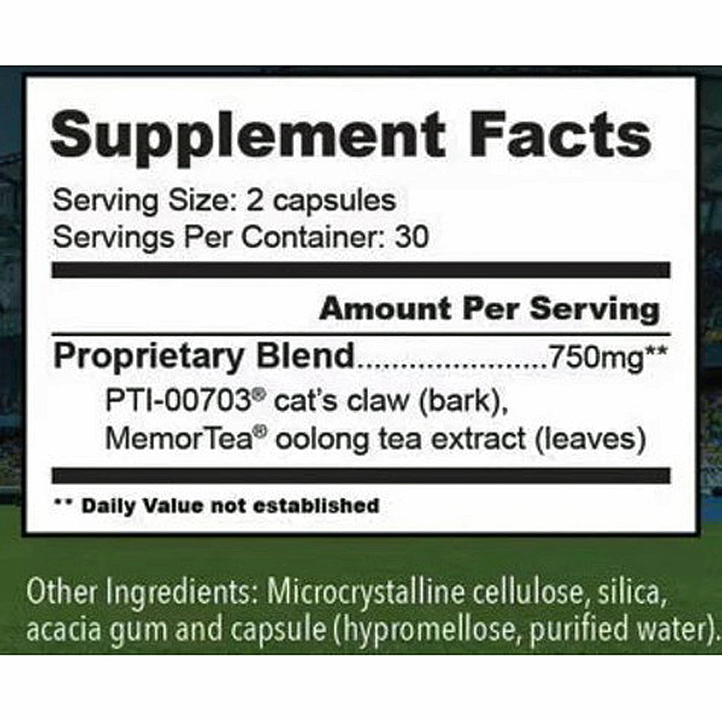 Supplement facts label with proprietary blend and ingredients listed