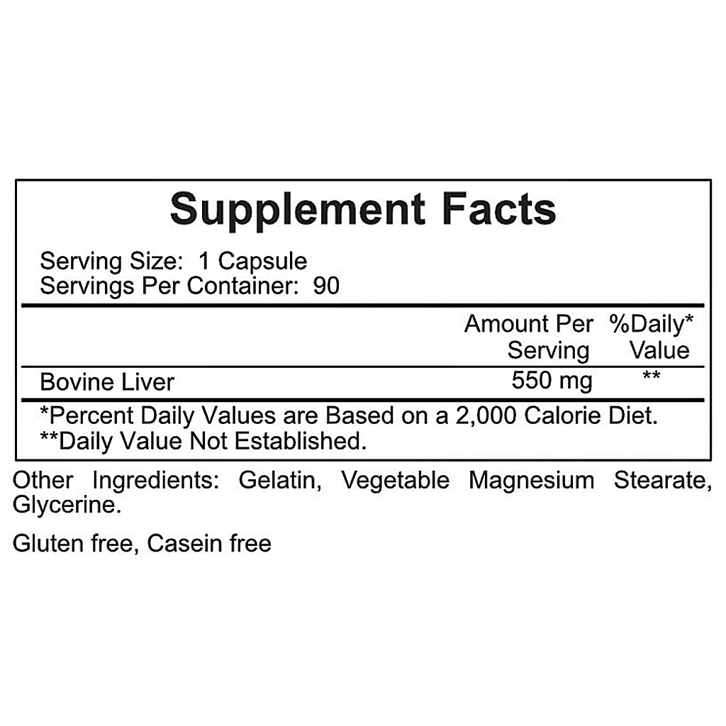 A Supplement Facts label showing Bovine Liver as 550 mg, with serving size 1 capsule, 90 servings per container, and other ingredients listed below on a white background.