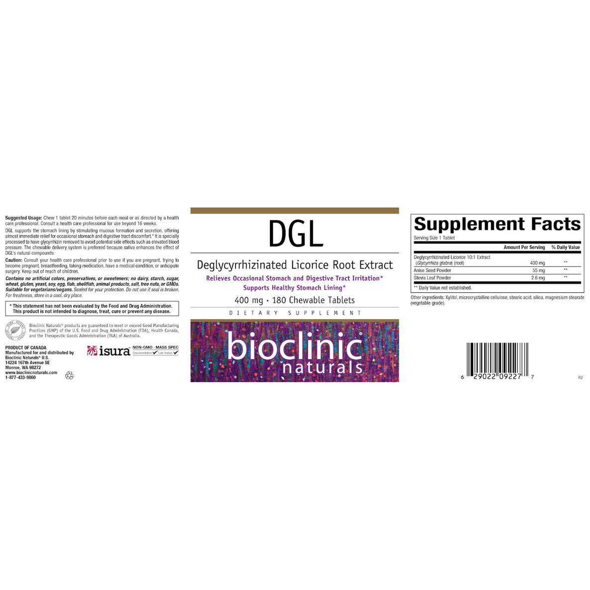 Bioclinic Naturals DGL 180 chewable tablets