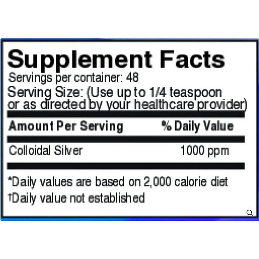 Supplement facts label for colloidal silver with serving size and ppm information.